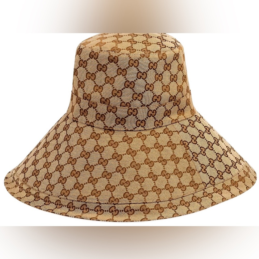 Beige Monogram Wide Brim Large Jacquard Canvas Bucket Hat Sun Coverage Beach New - Picture 10 of 16